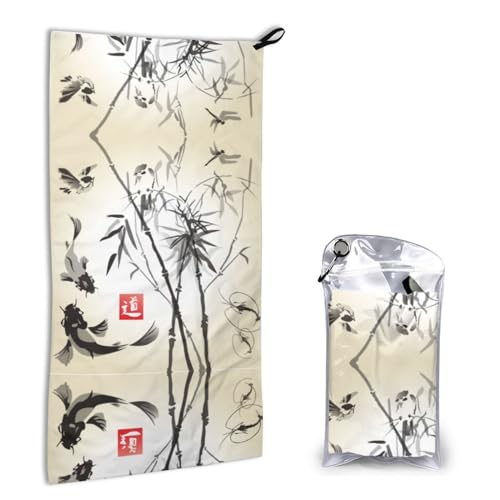 Fish Bird And Bamboo Leaves Painting Printed Super Absorbent Face Cloth Microfiber Travel Sports Towels Quick Dry, Compact, Lightweight 40x80cm
