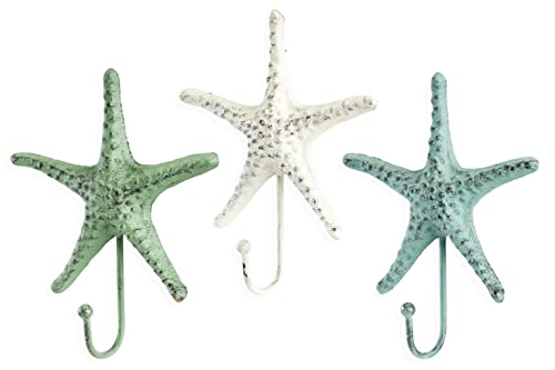 Giftcraft Set of 3 Starfish Shaped Decorative Hooks, Rack for Towels, Jackets, Hats, Metal Coat Hooks Made with Heavy Duty Cast Iron, Wall Mounted Coat Hanger, Unique Ocean Themed Home Decor