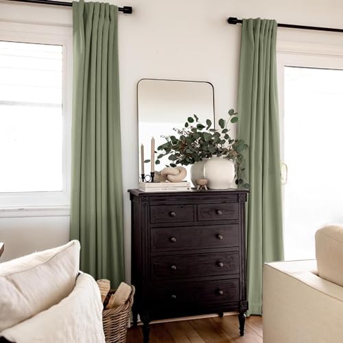 INOVADAY 100% Blackout Curtains 96 Inches Length 2 Panels Set, Back Tab/Rod Pocket Linen Black Out Curtains for Bedroom, Thermal Insulated Window Drapes - Light Sage, W50 X L96