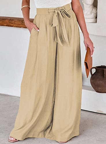 Dokotoo 2023 Casual Linen Women's Wide Leg Pants Stretch Drawstring Tie Back Elastic Waist Yoga Trousers Solid Spring Fall Workout Beach Resort Wear For Women Khaki S #TOP2