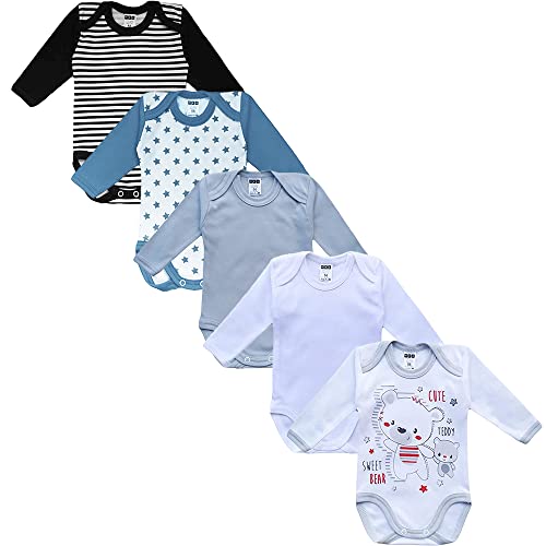 MEA BABY Unisex Baby Langarm Body aus 100% Baumwolle im 5er Pack, Baby Body mit Aufdruck, Baby Body für Mädchen , Baby Body für Jungen (56, Jungen 2) Cover