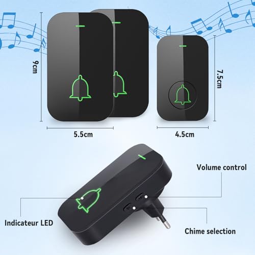 XUNIVERS Funkklingel, Türklingel Funk Set, 400m Reichweite IP55 Aussen Wasserdicht Haustür Klingel mit 2 Plug-In-Empfänger, 60 Melodien,5 Lautstärkestufen, Empfänger einfach in die Steckdose(Schwarz)