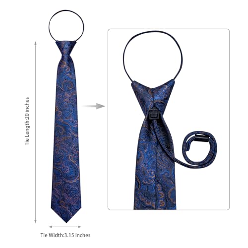 Image of DiBanGu Mens Zipper Ties Silk Adjustable Necktie Pocket Square | Paisley /Striped Pattern,Pre-tied Gift Tie Sets,Jacquard Woven,Pocket Square Cufflinks,Great for Formal & Business Wedding