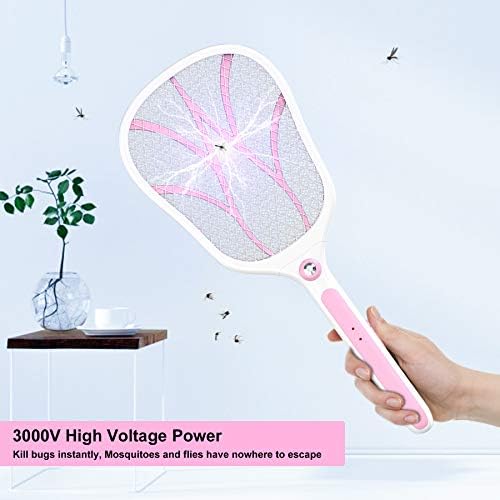Electric Fly Swatter, 3000V Bug Zapper Racket Fly Mosquito Killer Bat with LED Light, Rechargeable USB Insect Catcher for Indoor Outdoor (Pink)