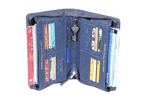 Image of Sukeshcraft Multiple Cheque Book Holder | Original PU Holds Upto 8 Cheque Books, 1 Pin-Sim Slot,14 Credit /Debit Card Slots (PU, Sensa Dark Blue)