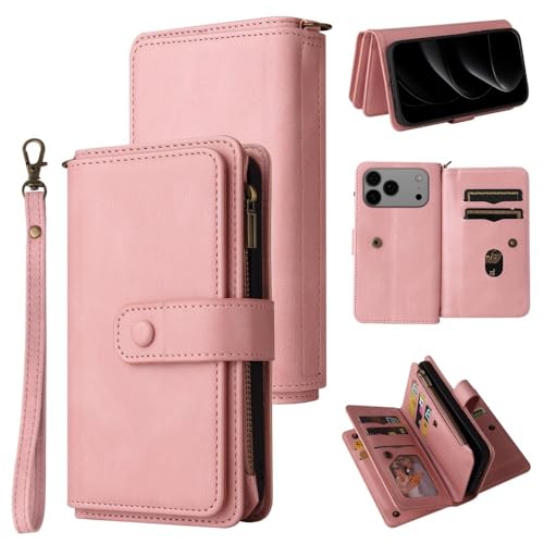 Étui à rabat en cuir rose pour iPhone 17 Pro Max avec grand organiseur zippé