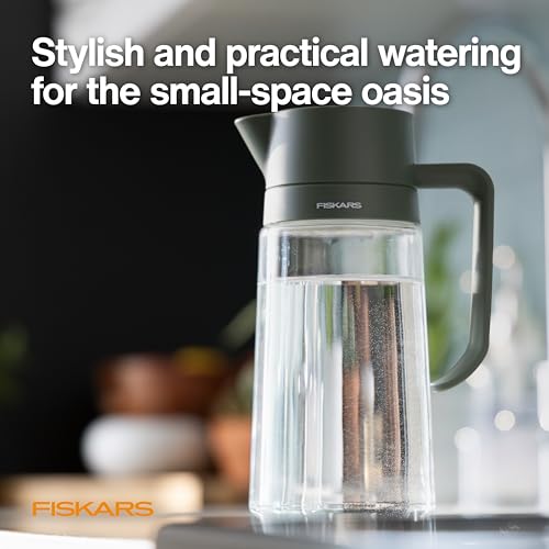 Image of Fiskars Glass Watering Can for Indoor Plants, Small Pitcher for Succulents & Herbs, Easy Fill Top Design and Mess Free Pouring with Narrow Spout for House Plants, Modern Decor Style, 17 oz, Clear