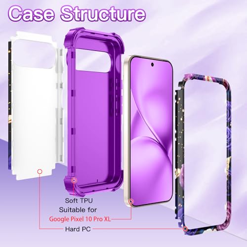 LONTECT for Google Pixel 10 Pro XL Case Floral Shockproof Rugged Heavy Duty 3 in 1 Hybrid Sturdy High Impact Protective Cover Case for Google Pixel 10 Pro XL,Glow in the Dark Lavender - image 3
