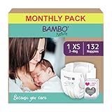 Bambo Nature Premium Eco Nappies, Size 1 (4-9 lb/2-4 kg), 132PK, Eco-Labelled Newborn Nappy, Enhanced Leakage Protection, Secure and Comfortable Baby Nappies, Newborn Essentials, Pack of 6