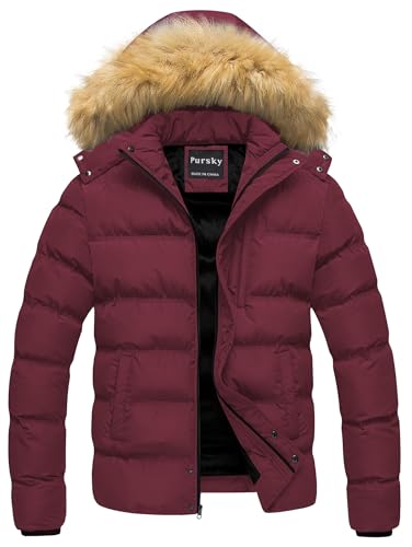 Image of Pursky Men's Puffer Jacket Waterproof Winter Bubble Coats Ski Parka Fur Hooded