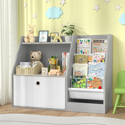 TOETOL Kids Bookshelf,Book Storage Organizer,4 Sling Toddler Wooden Book Shelf,2-Tier