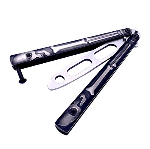 JF MALL Practice Butterfly Knife Full Stainless Steel Black Skull Balisong Trainer, Unsharpened