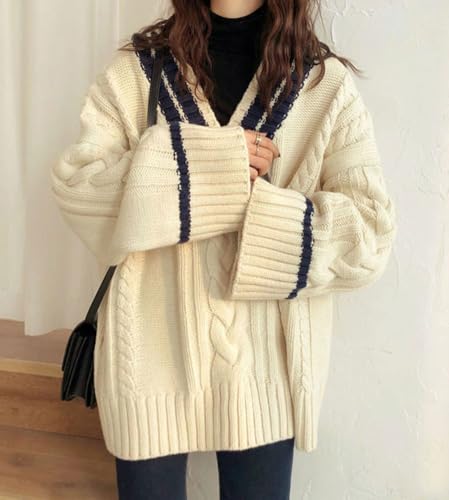 chouyatou Women's Casual Cable Knit Pullover Sweaters Color Block Striped Slouchy Oversized Sweater Knit Jumper Tops2