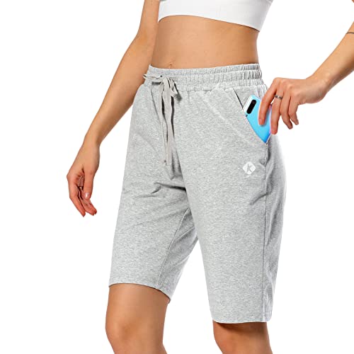 Women's Bermuda Shorts Long Cotton Sweat Knit Shorts Pull On Walking Lounge Shorts with Pocket Light Grey