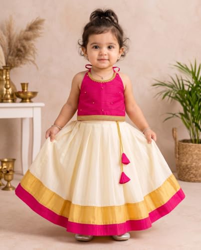 Image of Stanwells Kids Baby Girl Dress Cream Gold Pattu Pavadai Cotton Silk Lehenga Choli Kerala Kasavu South Indian Onam Festival Traditional Ethnic Wear