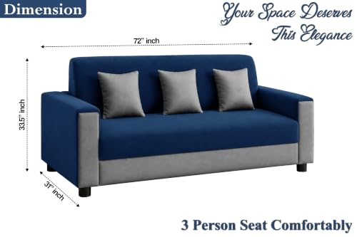 Image of 3 Seater Wooden Sofa | Velvet Fabric Couch with Cushions | Comfortable Living Room Sofa | Sturdy Wooden Frame | Home & Office Furniture | Blue & Grey