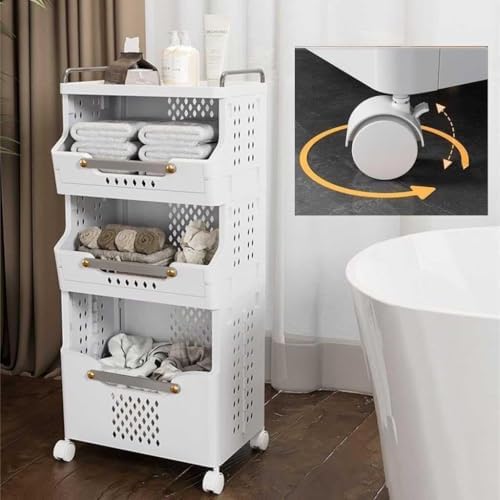Rolling Laundry Basket, Kitchen Trolley with Wheels Detachable Laundry Cart Rolling Kitchen Storage Cart with Shelves Plastic nizer for Kitchen and Bathroom Multifunctional Kitchen