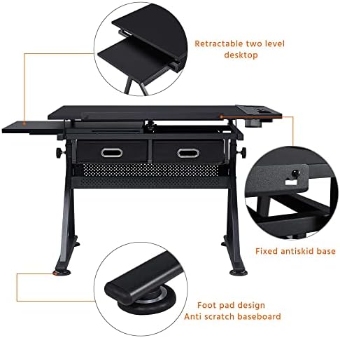 Yaheetech Art Desk/Table with Adjustable Height 65-90.5cm, 2 Drawers & Tiltable Tabletop, Drafting/Drawing Table Art/Craft Desk with Stool Load Capacity 220 lb Home and Office Furniture