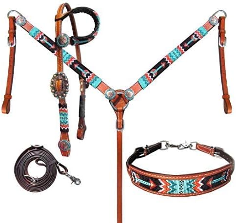 Showman Beaded Arrow Design 4 Piece Leather Headstall & Breast Collar Set