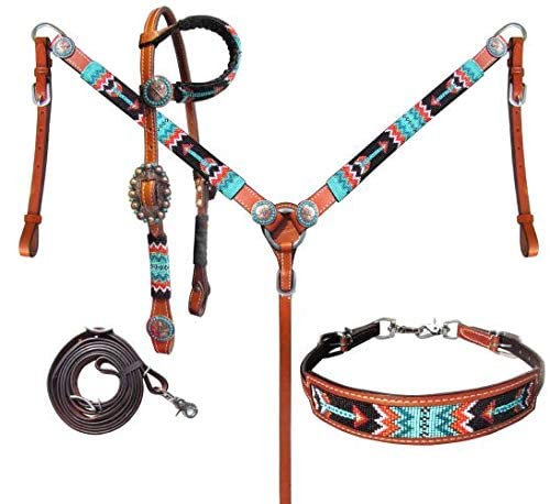 Showman Beaded Arrow Design 4 Piece Leather Headstall & Breast Collar Set