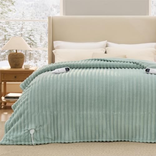 Image of Bedsure Electric Blanket Queen Size - Thick Striped Flannel Electric Blanket with Dual Control, Heating with 6 Heat Settings & 6 Time Settings, 8 hrs Timer Auto Shut Off (84x90 inches, Green)