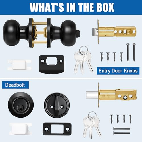 2 Sets Entry Door Knob and Single Cylinder Deadbolt Combo Set, Keyed Alike Round Ball Matte Black Exterior Door Knobs with Lock and Keys for Entrance and Front Door by Sopoby - Image 6