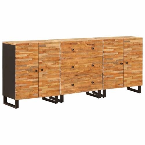 LoogCape Juego de 3 aparadores marrón 60 x 33 x 75 cm mango madera maciza, 3 cajones, patas de metal negro, armario de almacenamiento moderno para salón, oficina o pasillo