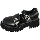  Etebella Damen Mary Jane Gothic Plateau Lolita Uniform Halbschuhe Lack Blockabsatz Pumps mit Riemchen(Lack Schwarz,38)