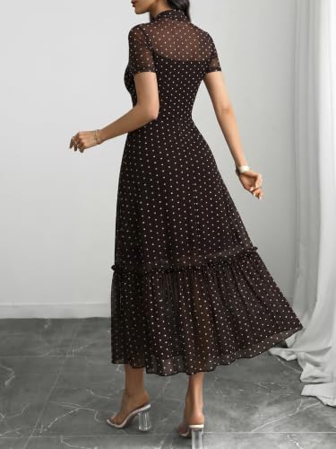 Image of GothDark Women's Summer Floral Mesh Ruffle Dress Short Sleeve Round Neck Waist Cinched Casual Maxi Wedding Guest Dresses