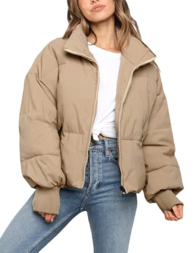 Sukany Women's Winter Casual Padded Full Zip Stand Collar Long Sleeve Puffer Jackets Coat Short Down Warm Quilted Jacket Khaki M