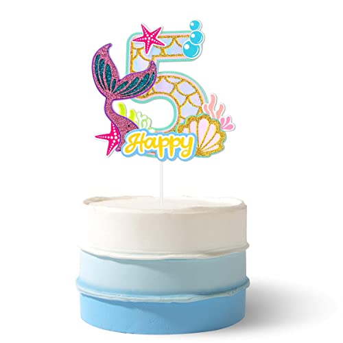 Gexolenu 1 Pcs Mermaid 5Th Birthday Cake Toppers, Colorful Glitter Under The Sea Theme Five Cake Decor, Fifth Happy Birthday Ocean World Party Decorations Baby Shower Party Supplies #TOP12