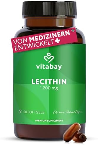 Vitabay Lecithin 1.200mg hochdosiert – 120 vegane Softgels | Phosphatidylcholin aus Soja mit Vitamin E – Ohne Gluten, Laktose & Gentechnik – Laborgeprüft in Deutschland – 4 Monate