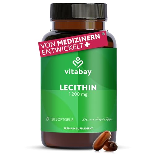 Vitabay Lecithin 1.200mg hochdosiert – 120 vegane Softgels – Phosphatidylcholin aus Soja mit Vitamin E – Ohne Gluten, Laktose & Gentechnik – Laborgeprüft in Deutschland – 4 Monate Vorrat