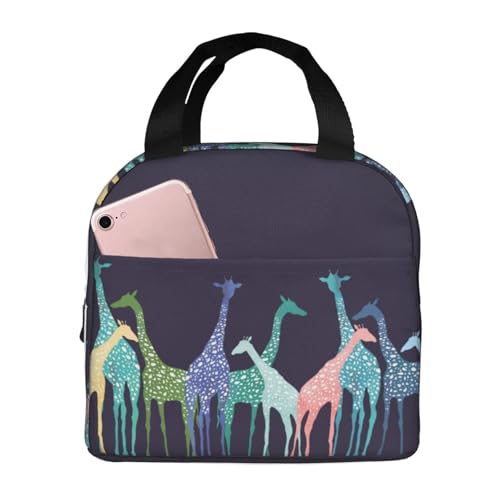 HYEPNED Bolsas de almuerzo aisladas de jirafa colorida para mujeres, niños, niñas, adultos y damas, impermeables, a prueba de fugas, bolsa térmica para el trabajo, la escuela y picnic