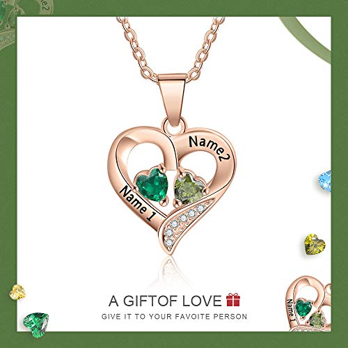 Love Jewelry Sterling Silver Personalized 2 Names Necklace with 2 Heart Simulated Birthstone Couple Pendant Necklace for Women (Gold)4