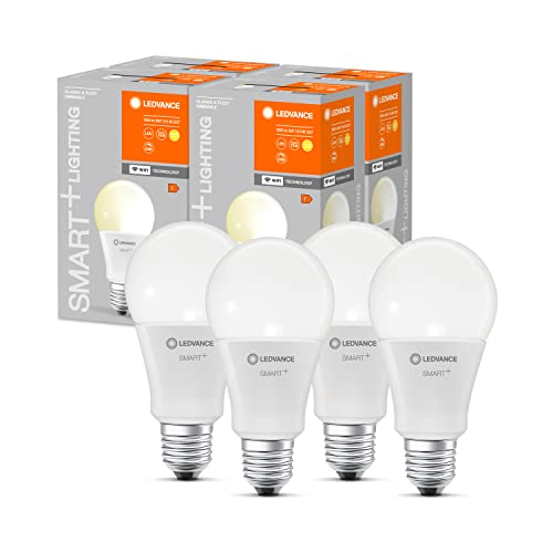 LEDVANCE Smarte LED-Lampe mit WiFi Technologie, Sockel E27, Dimmbar, Warmweiß (2700 K), ersetzt Glühlampen mit 75 W, SMART+ WiFi Classic Dimmable, 4er-Pack