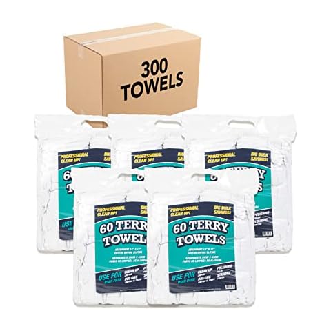 Arkwright TT60 Terry Cloth Towels for Cleaning - (Case of 300) 100% Cotton Washable Heavy Duty Bar Mop, Absorbent & Quick Drying, Bag of Rags for Kitchen, Auto Shop, and Garage, 14 x 17 in, White Cover