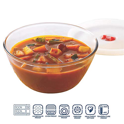Image of Borosil Oval Baking Dish, 700ml, Transparent & Glass Mixing Bowl with lid, 1.3 L, Oven and Microwave Safe Combo