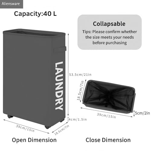 Image of Aliensware Laundry Basket Foldable with Wheels & Side Handle, Washing Clothes Storage Basket, Oxford Cloth Bin, Organizer,Movable Solution,Portable Laundry Bag,Collapsible Hamper-Aliens-Dark Grey