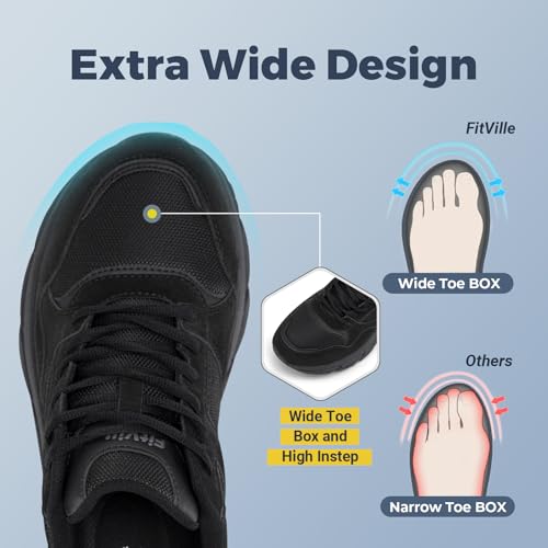 Buty do biegania FitVille Męskie trampki Extra Wide Trenerzy Oddychające buty sportowe Wygodne buty do chodzenia na zewnątrz dla szerokich stóp Czarny 45 EU X_Szeroki