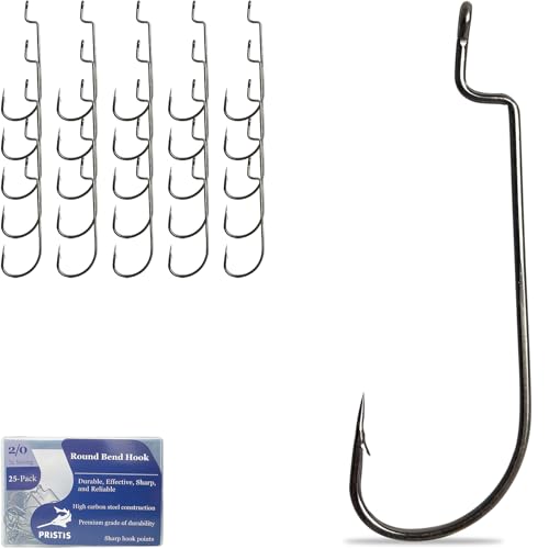 Pristis 25 Pack 2/0 Round Bend Worm Hooks, 3X Strong High Carbon Steel