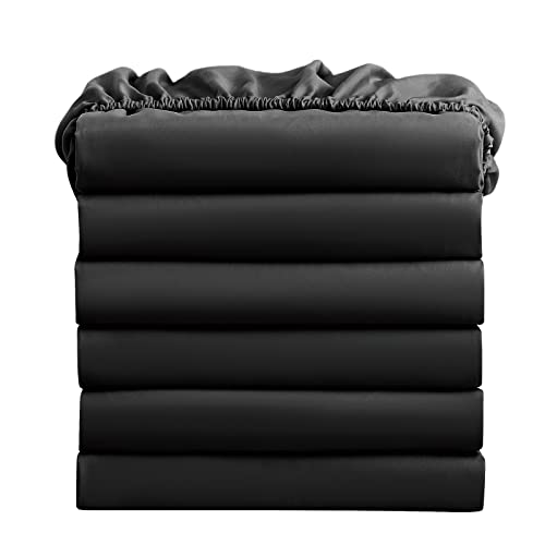 FreshCulture Twin Fitted Sheets, Bulk Pack of 6, Deep Pocket, Soft Microfiber Bottom Sheets for Home, Salons, Hotels, Twin Size Fitted Sheets Only (Black)