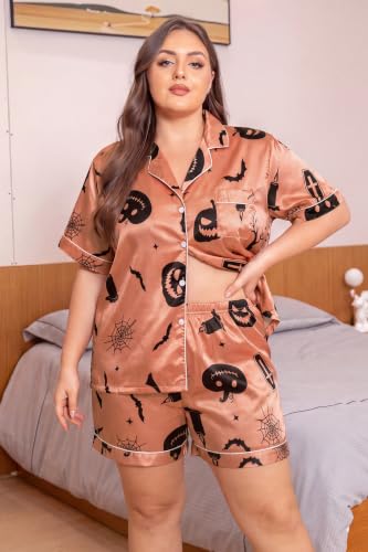 Image of Vozanet Women's Short Sleeve Satin Pajama Sets Silky Ladies Button Down Loungewear Plus Size Nighty Shorts Sets XL to 5XL