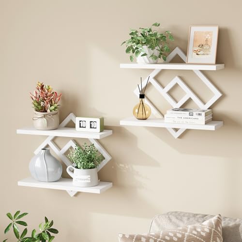 Image of ELYKEN Floating Shelves for Wall, Set of 2 Hanging Shelves, 2-Tier Wall Mounted Storage Shelves for Books & Decor, Perfect for Living Room, Bedroom, Kitchen, Home Office, Study, White