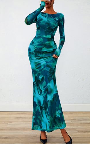 PRETTYGARDEN Women's Long Sleeve Floral Fall Wedding Guest Dress Casual Crewneck Ruched Bodycon Mesh Long Maxi Dresses3