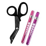 MediTac Titanium-Bonded EMT Trauma Shears – 7 ¼” Black Medical Bandage Scissors with LED Pen Light Two Pack (Pink & Purple)
