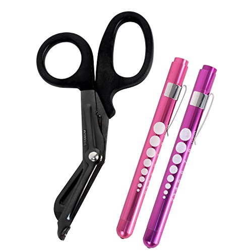 MediTac Titanium-Bonded EMT Trauma Shears – 7 ¼” Black Medical Bandage Scissors with LED Pen Light Two Pack - Autoclavable (Pink & Purple)