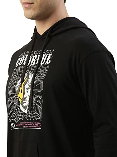 Image of Maniac Mens Printed Hooded Neck Full Sleeve Black and White Boxy Fit Cotton T-Shirt