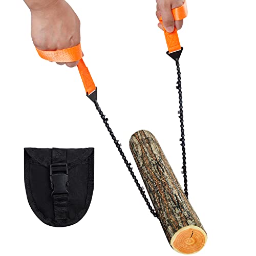 Sucrain Pocket Chainsaw with Paracord Handle, Folding Chain Hand Saw, Emergency Outdoor Survival Gear for Camping, Hunting, Hiking, Cutting Wood & Tree (Orange, 11 Teeth, 24'' Long)