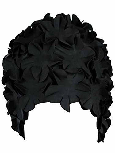 Black Latex Bathing Cap with Petals Black